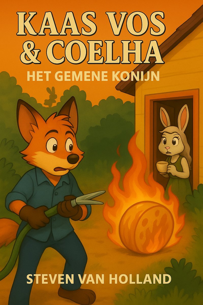 Cover of ‘Kaas Vos & Coelha: Het Gemene Konijn’ by Steven van Holland, showing Kaas Vos holding a waterhouse near a burning cheese while Coelha watches from a window