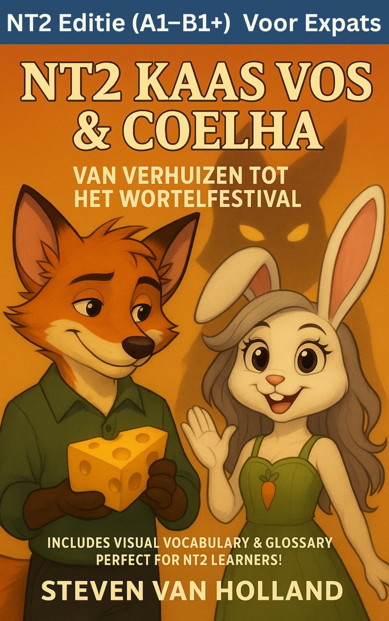 Dutch learning book ‘NT2 Kaas Vos & Coelha’ by Steven van Holland, featuring a friendly fox and rabbit teaching vocabulary through stories.