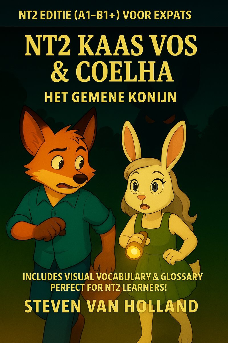 Front cover of ‘NT2 Kaas Vos & Coelha – Het Gemene Konijn’ by Steven van Holland, showing Kaas Vos and Coelha at night with a flashlight, looking alert as if being chased
